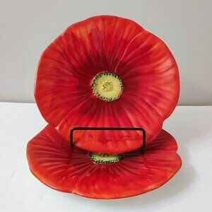 Maxcera Geranium Red Poppy Flower Shape Salad Plates, Set of 2, Ceramic 8"